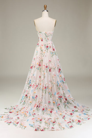 A-Line Sweetheart Corset Long Prom Dress With Flower